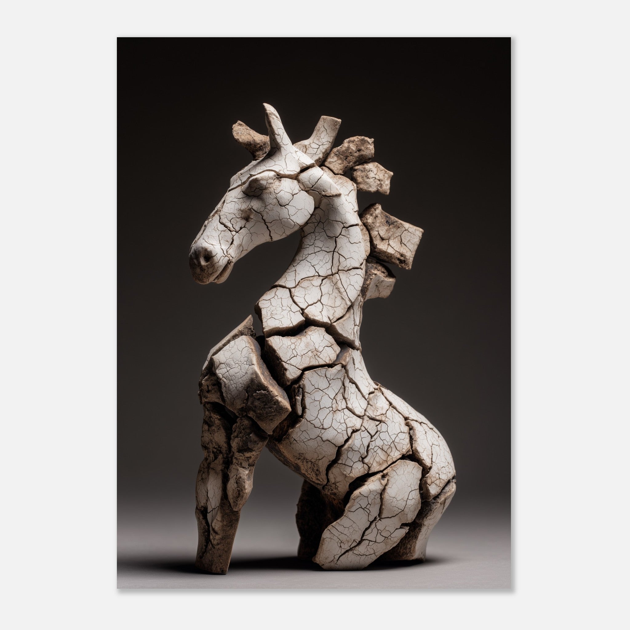 Abstrakt hästskulptur i sprucken stenliknande struktur i neutrala toner, modern och uttrycksfull hästkonst.