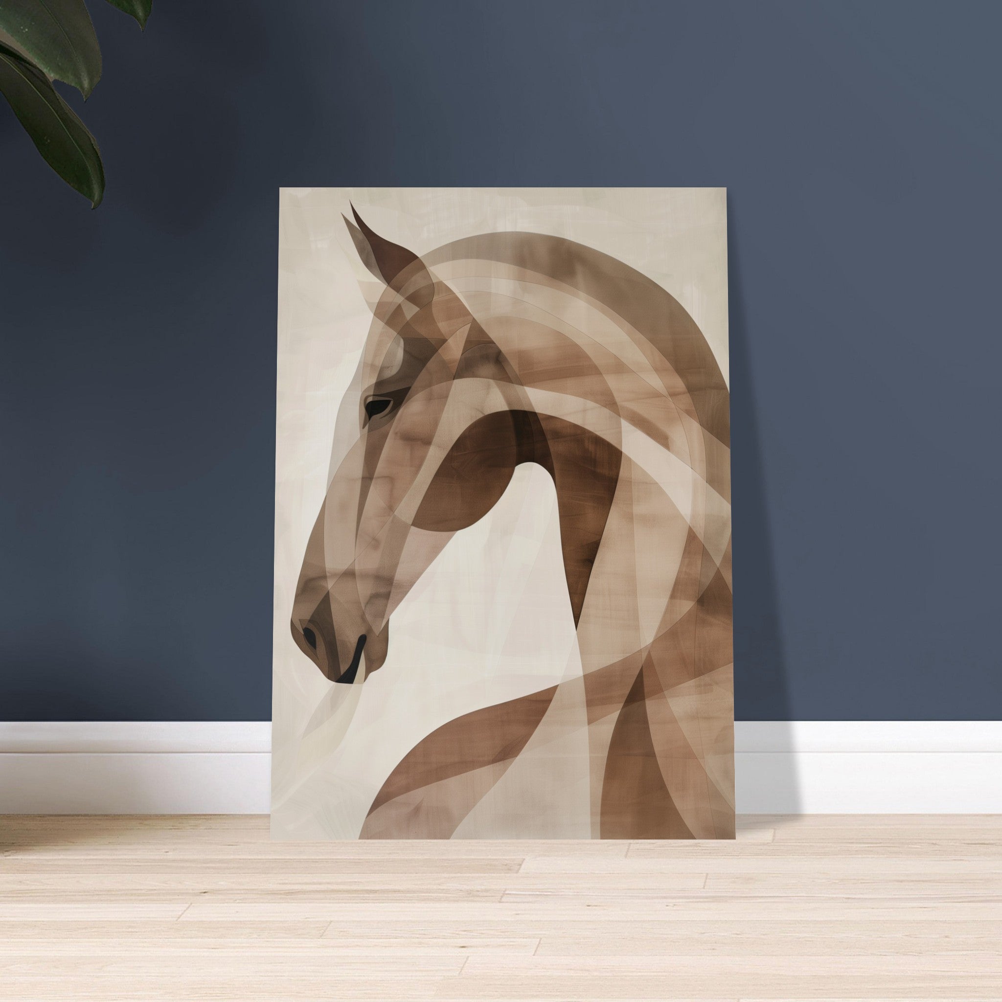 Abstract horse art poster in calm earthy tones with minimalist Scandinavian style