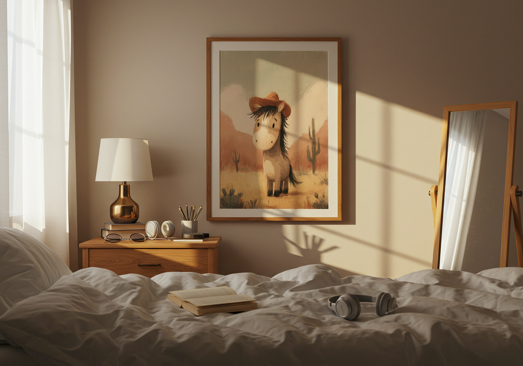 En söt illustration av en liten ponny med cowboyhatt i ett ökenlandskap med kaktusar, perfekt som poster i barnrum.