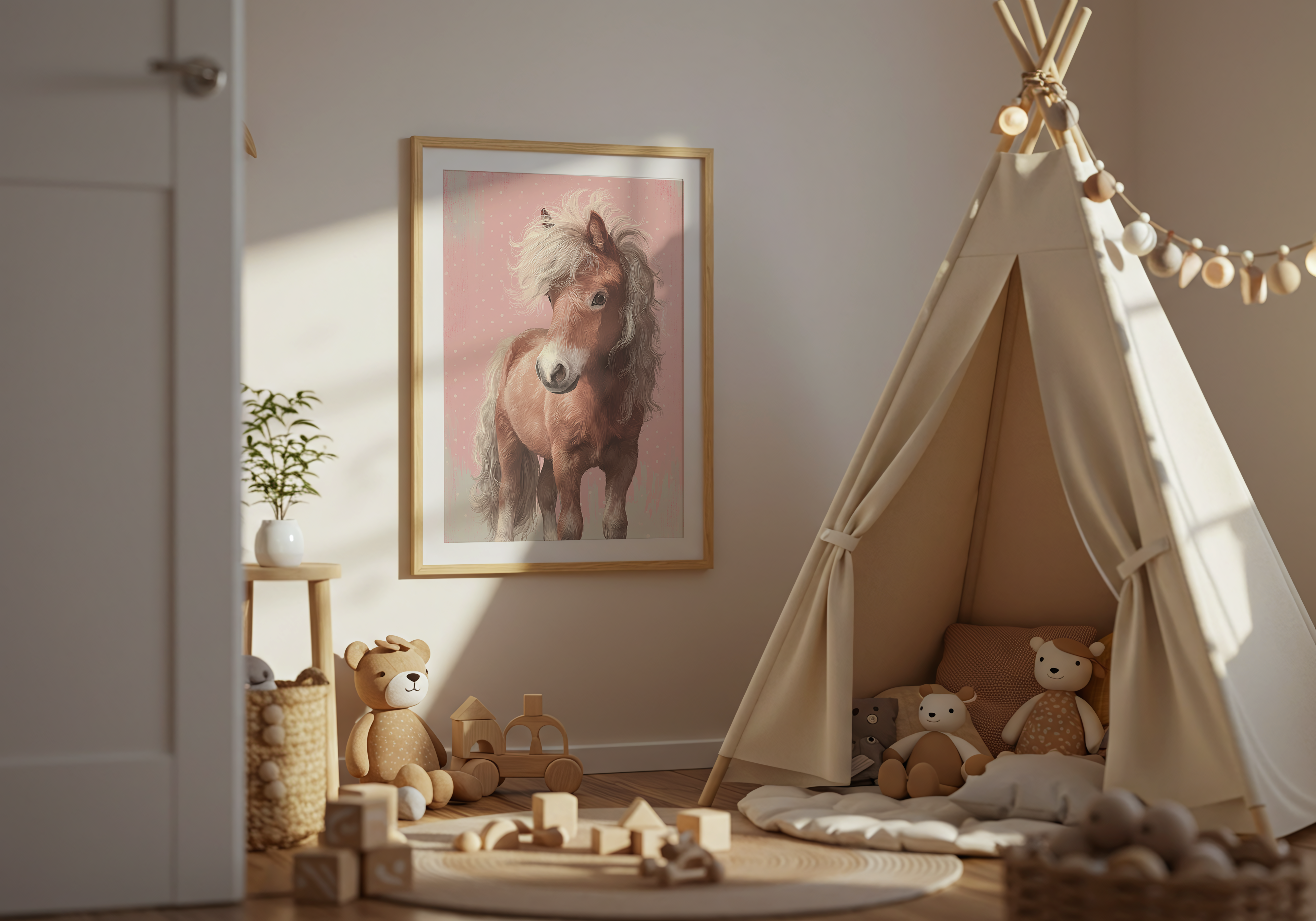 En mjuk illustration av en liten brun ponny med ljus man mot en rosa bakgrund, perfekt som poster i barnrum eller för hästälskare.