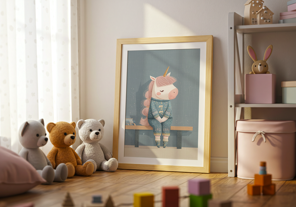En söt illustration av en enhörning i mjuka färger som sitter på en bänk i lugn miljö, perfekt som poster i barnrum.