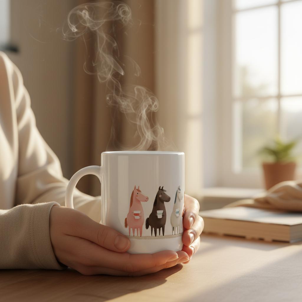 Ceramic mug with horse motif and text Fika with friends
