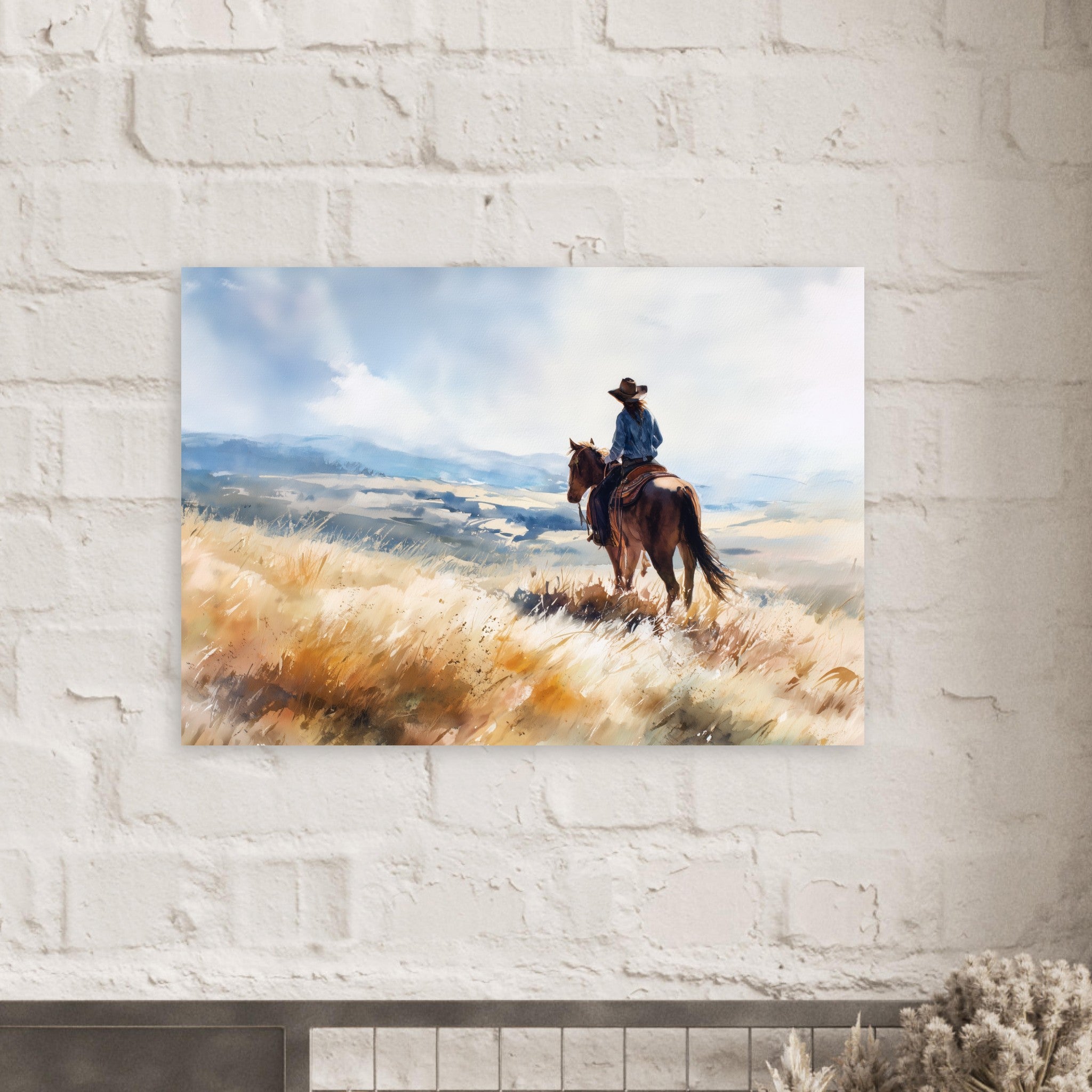 Horse in open landscape art poster symbolizing freedom and movement