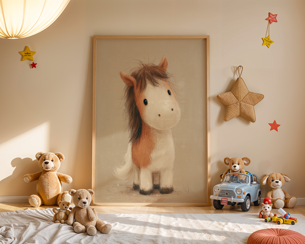 En söt illustration av en liten brunvit ponny med stora ögon på en beige bakgrund, perfekt som poster i barnrum.