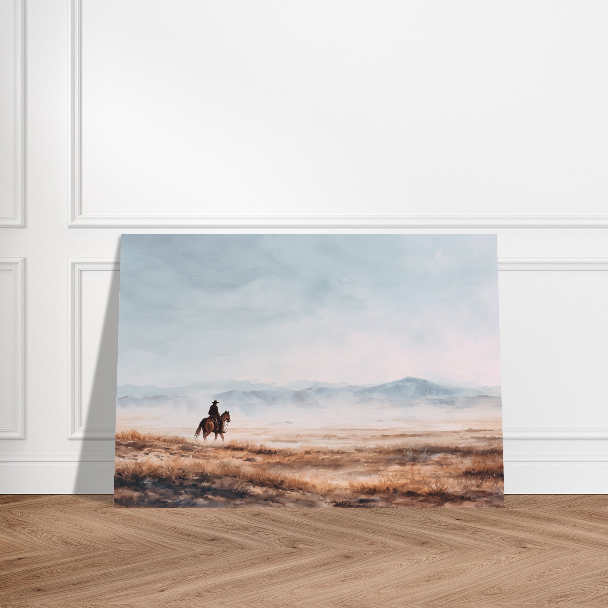 Western equestrian art poster with lone rider in open landscape