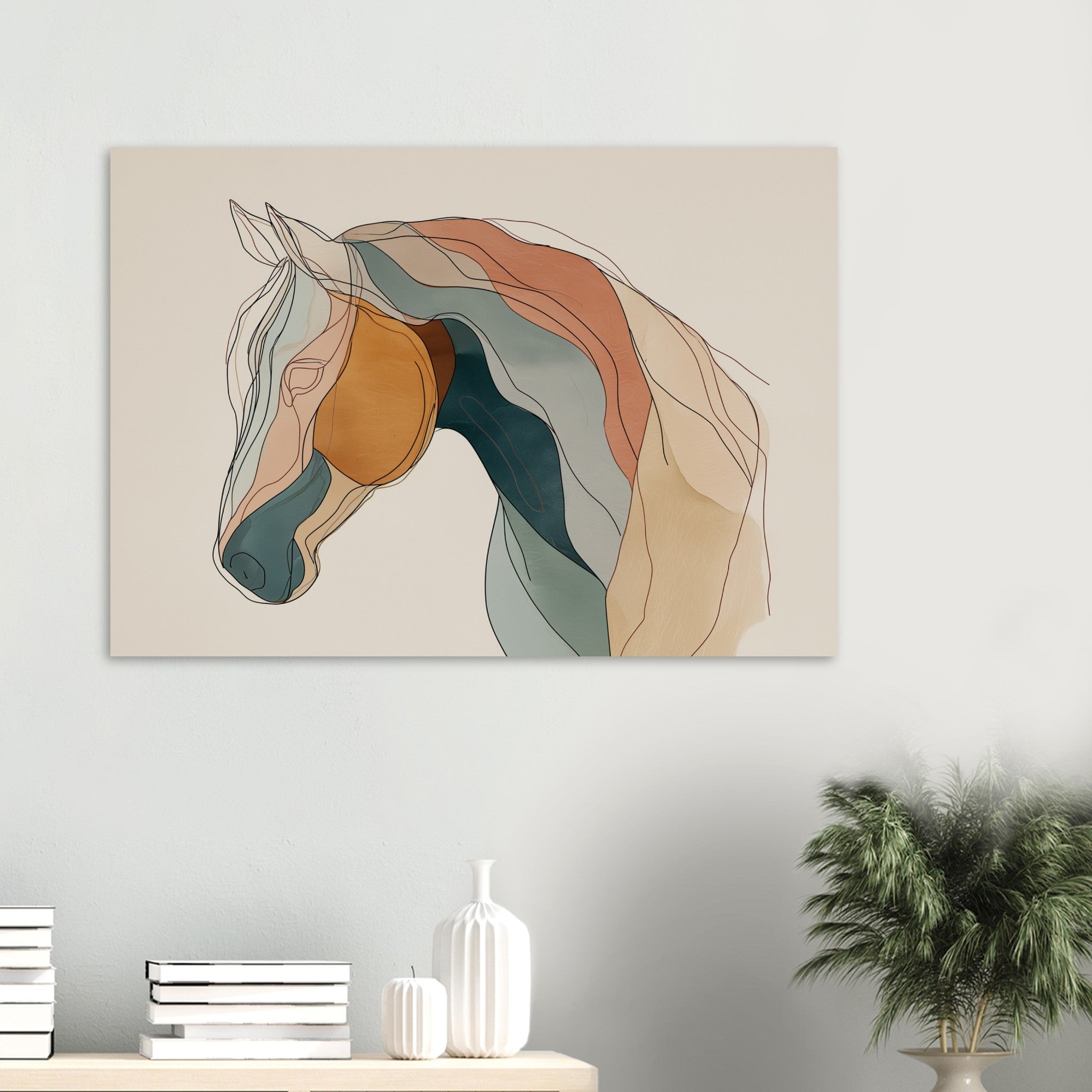 Abstract horse art poster with soft shapes and calm earthy colors