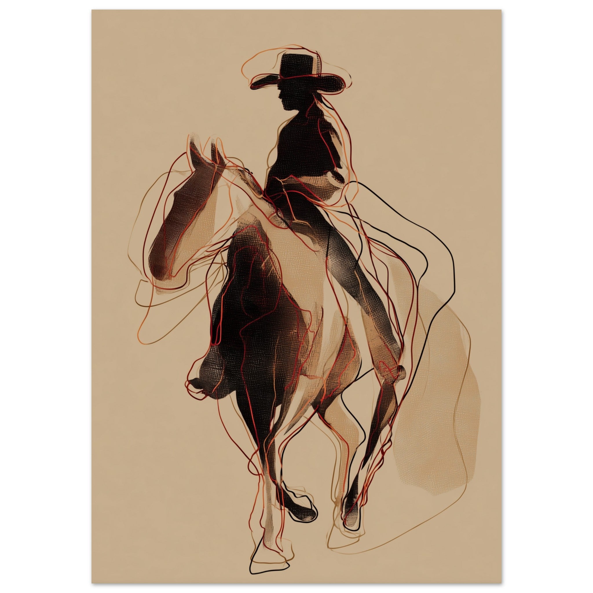 Equestrian silhouette art poster with rider and horse in soft neutral tones