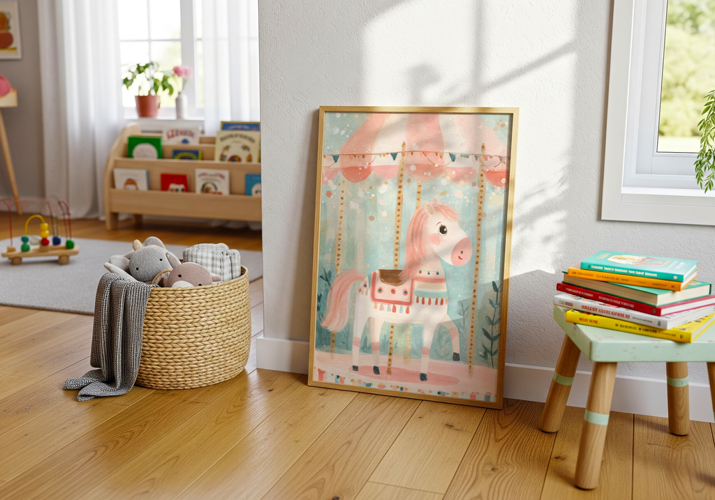 En mjuk illustration av en ponny på en karusell i pastellfärger, perfekt som poster i barnrum.