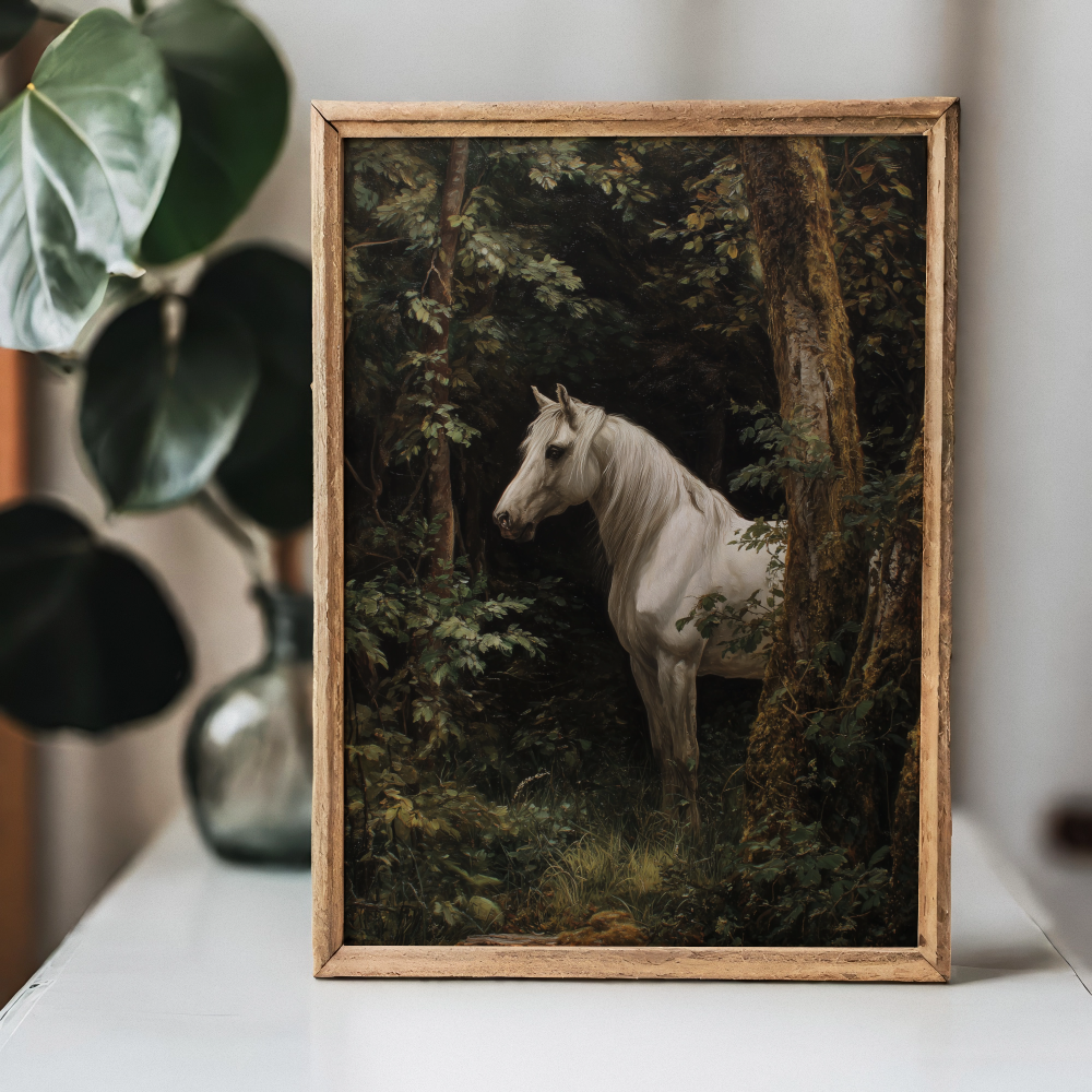 Quiet Presence – White Horse in Forest Art Poster