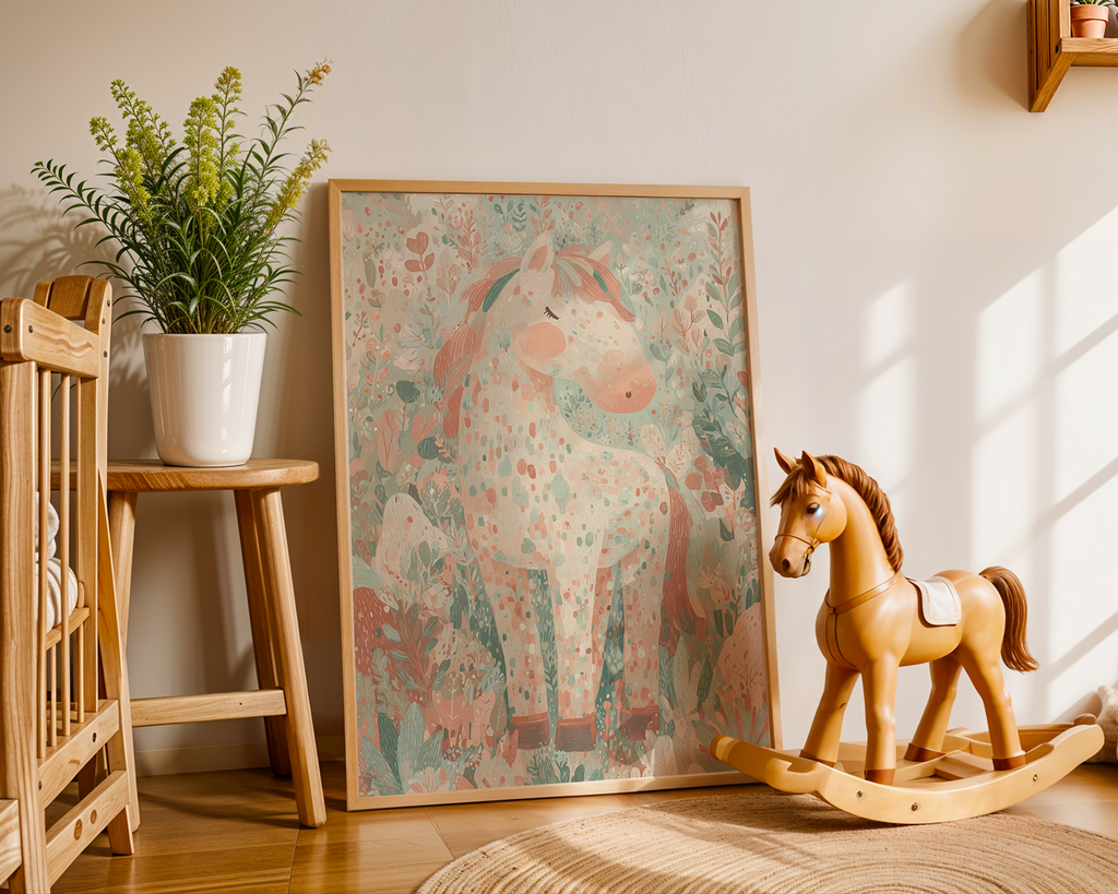 En färgglad illustration av en ponny i ett blomstrande landskap med mjuka pastellfärger, perfekt som poster i barnrum.